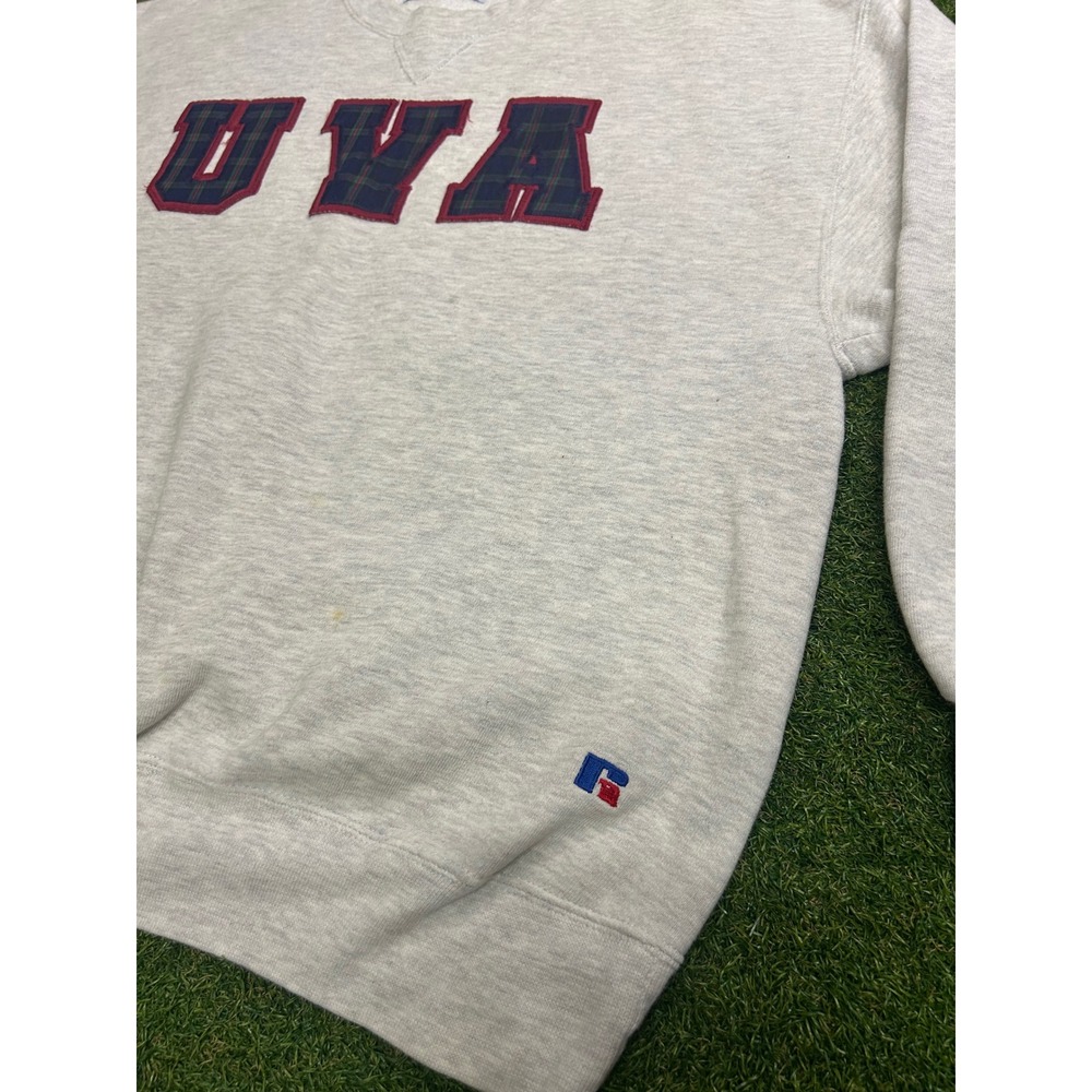 Vintage Russell Athletic UVA Sweatshirt XL Grey Plaid Applique Made in USA 90s - Picture 3 of 8